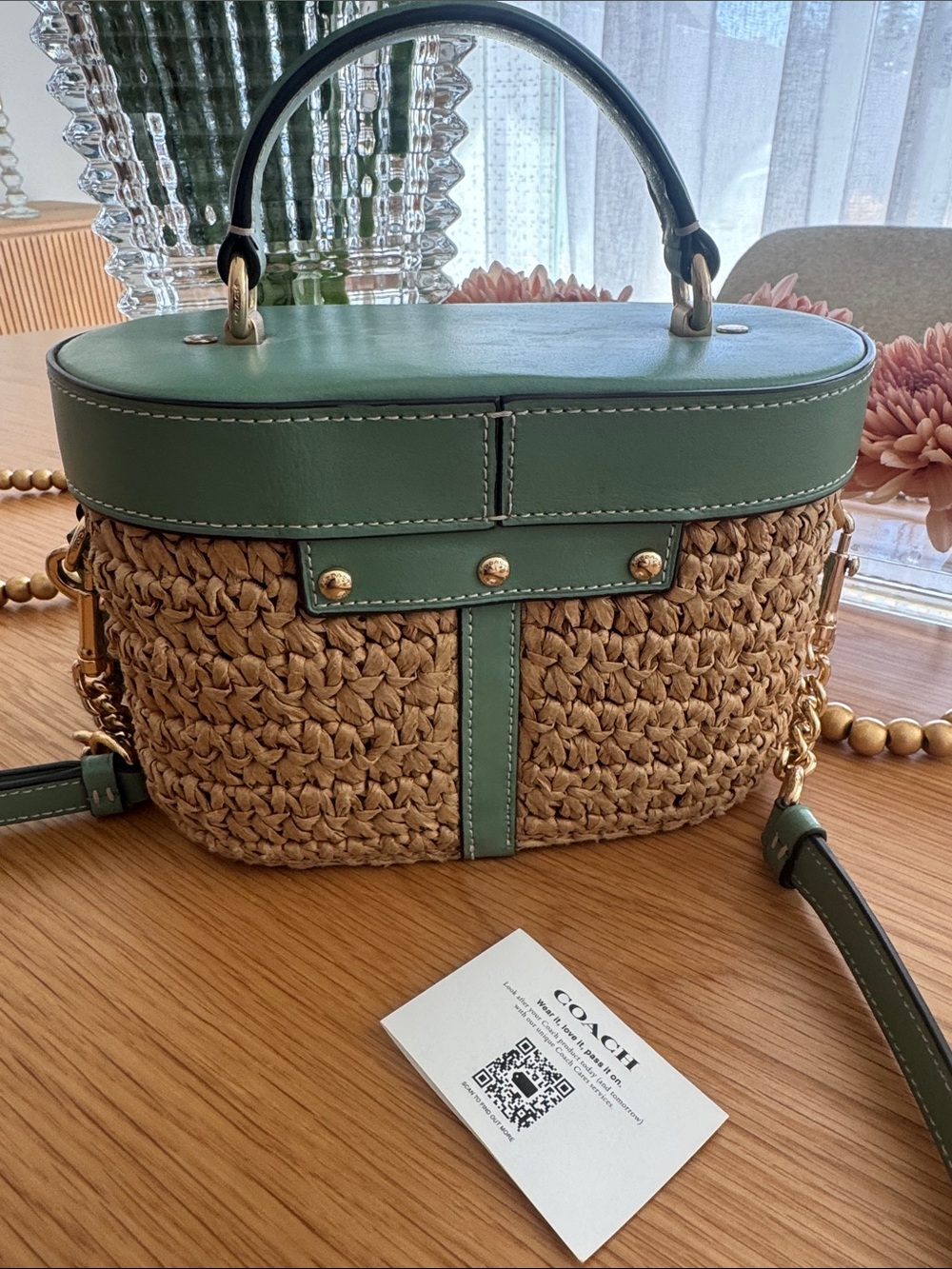 Coach Straw Crossbody with Green Leather Trim and Gold Hardware - Picture 6 of 7